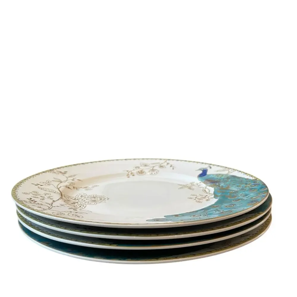222 FIFTH Peacock Garden Porcelain Dinner Plate Set of 4 Gold Floral Scroll NEW